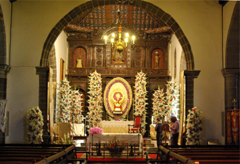 Interior of the church of San Blas, Mazo, La Palma, decorated for Corpus Christi.